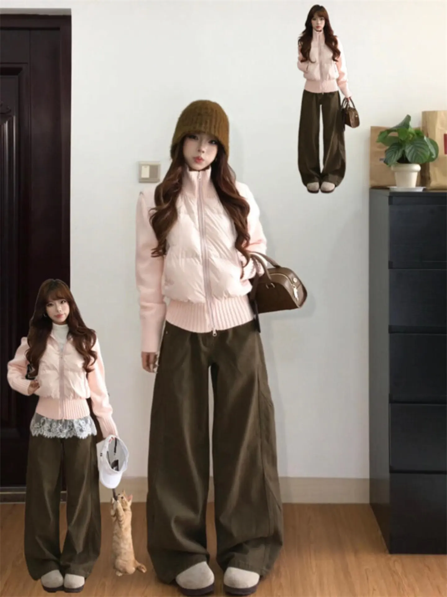 

Slim Fit ort Cotton Jaet Women's Sle American Pink Knitted Patchwork Stand Collar Lightweight Winter Coat for Young Women