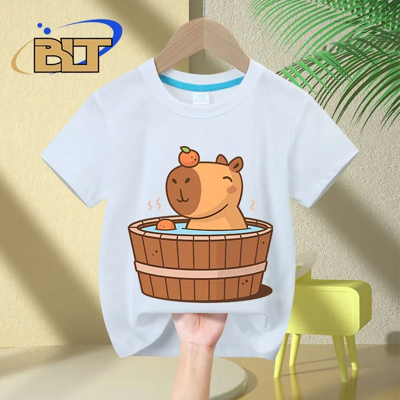 Capybara in hot tub Camisetas estampadas para niños, tops casuales de manga corta de algodón puro, regalos para niños y niñas, Verano