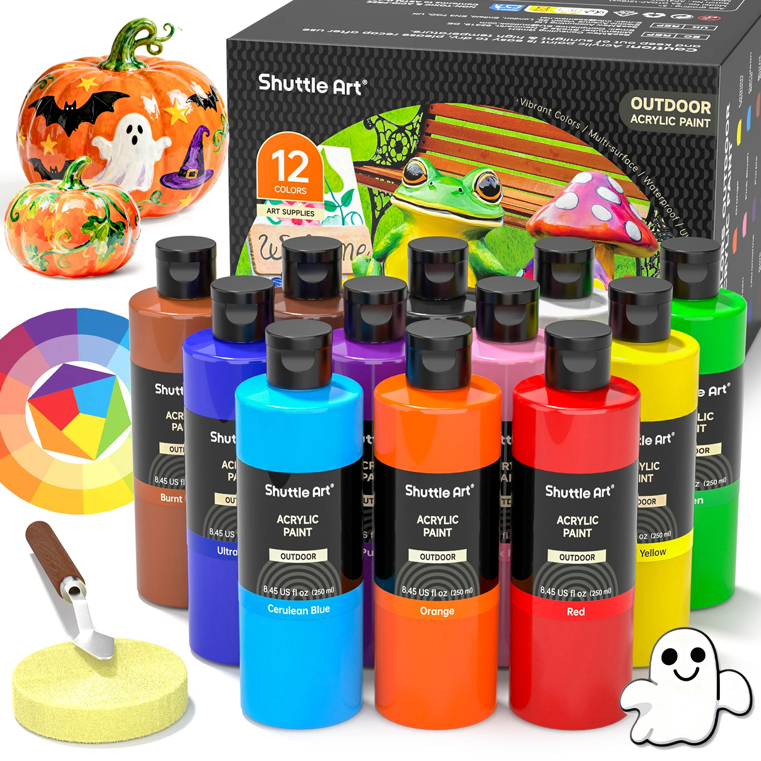 Shuttle Art Outdoor Acrylic Paint Set, 12 Colors Waterproof Paint, 8.45oz/250ml Large Bottles, Rich Pigmented Bulk Painting Supplies for Artists, Beginners on Rocks, Wood, Wall, Crafts, Garden Statues