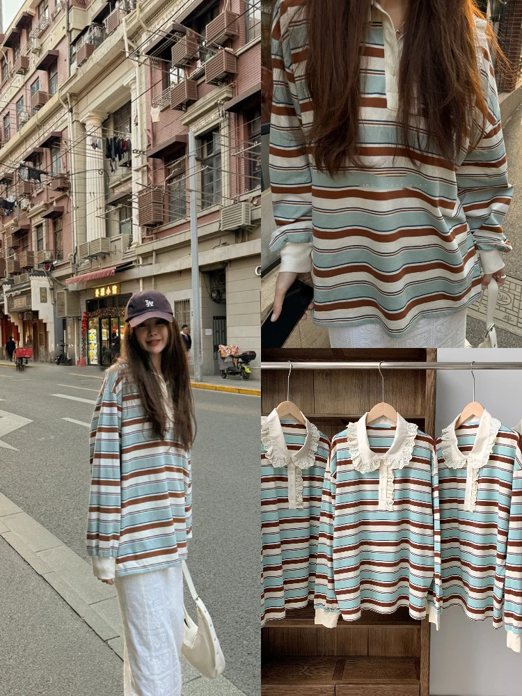 

Loose Long Sve T-irt Women's Vintage Contrast Color Striped Loose Fit Slimming Wooden Collar Casual Sle Cotton
