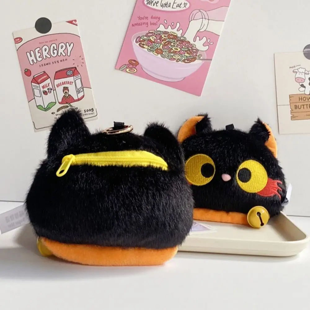 Mini borsa portaoggetti Portamonete in peluche gatto nero con campana Portafoglio con gatto animale Ciondolo Borsa carina Borsa per auricolari in peluche Donna Ragazza
