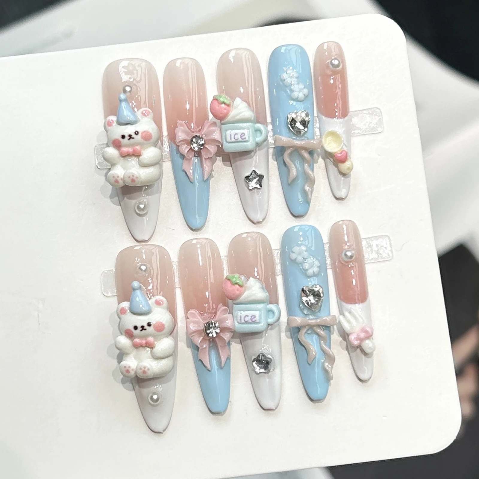 

10pcs Handmade Long Oval Press on nails With 3D Bear Bows Design Sweet Girls Fake Nails Korean Cute Manicure False Nail Patches