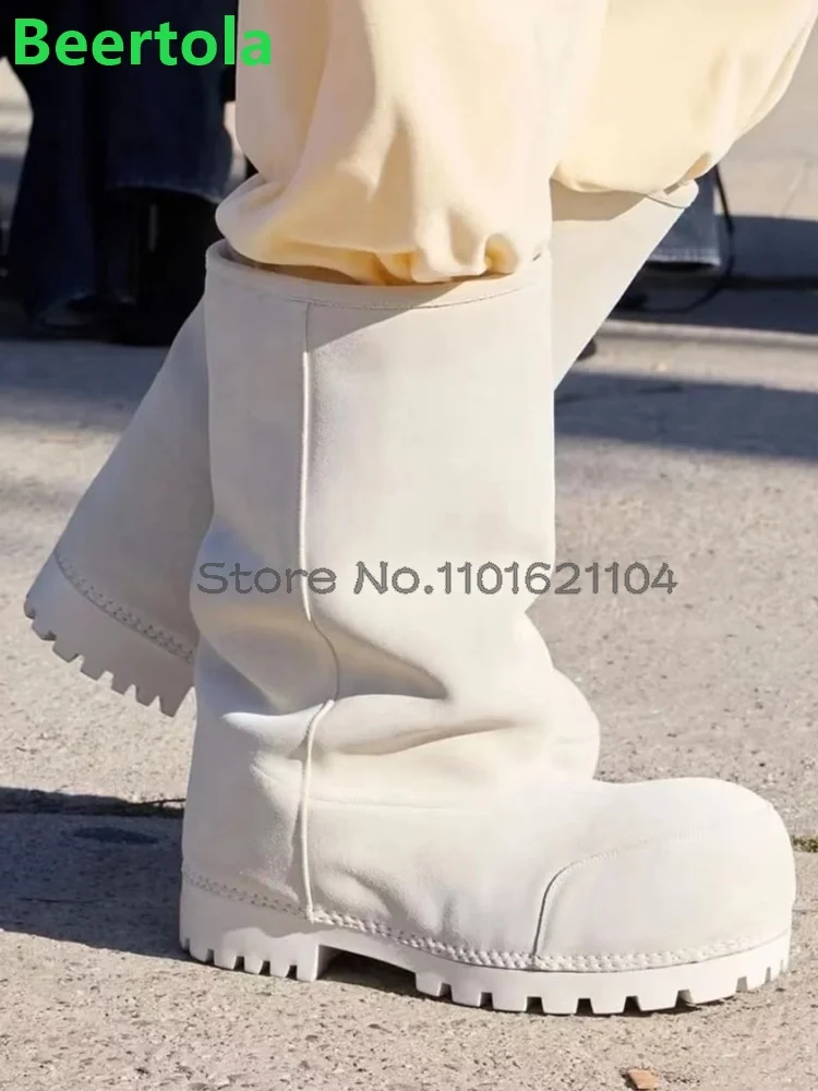 Thick Sole Big Round Toe Winter Boots For Female/male 2024 New Slip-on Snow Boots Solid Fashion Runway Height Increasing Shoes