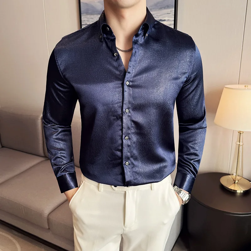 

Мужская универсальная рубашка с длинным рукавом на весну и осень, корейская версия, приталенный крой, не требующая глажки, коричневая, повседневная