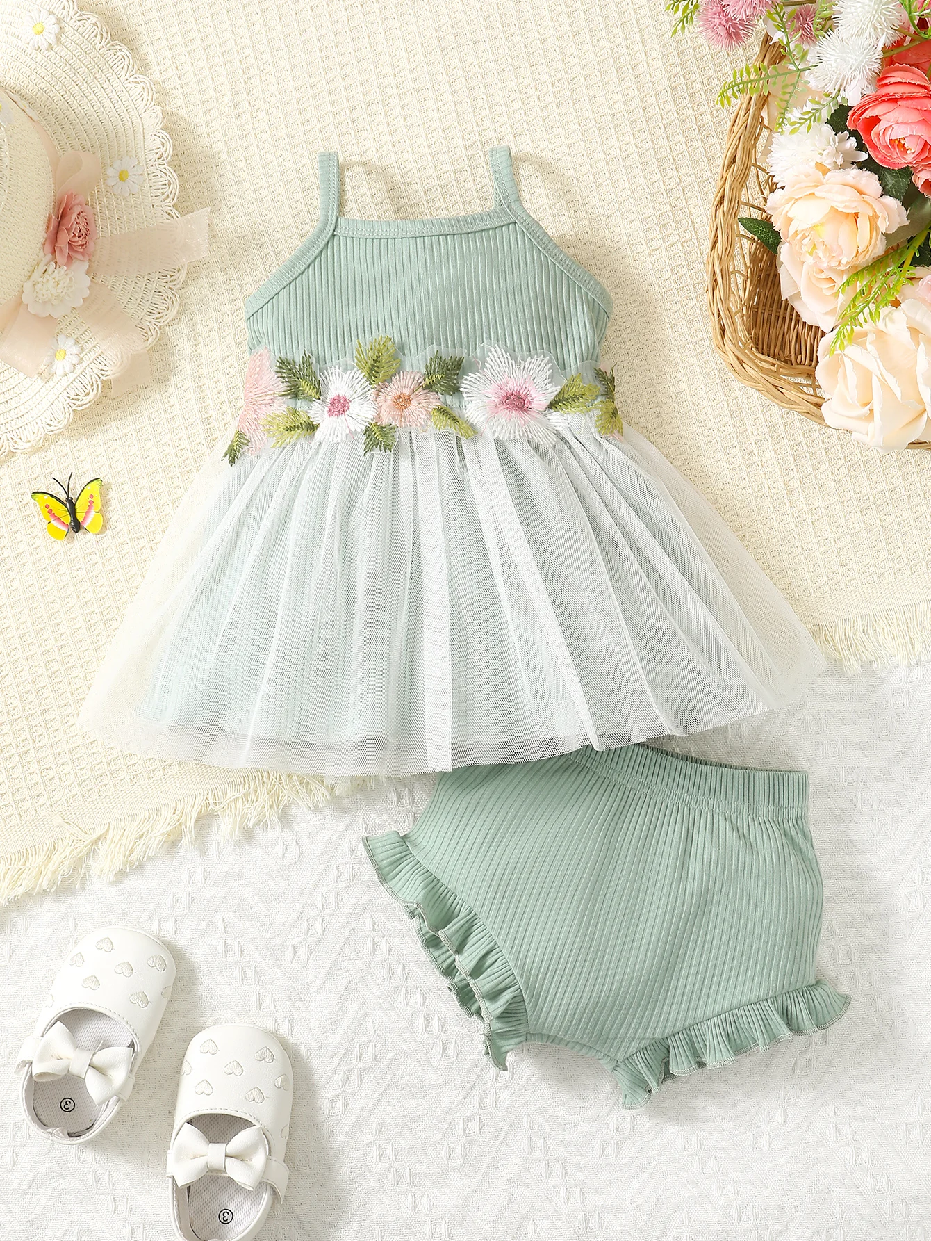 Summer Baby Girl Aged 0-2, Green Casual Daily Mesh Dress Paired With Green Panties 2-Piece Set
