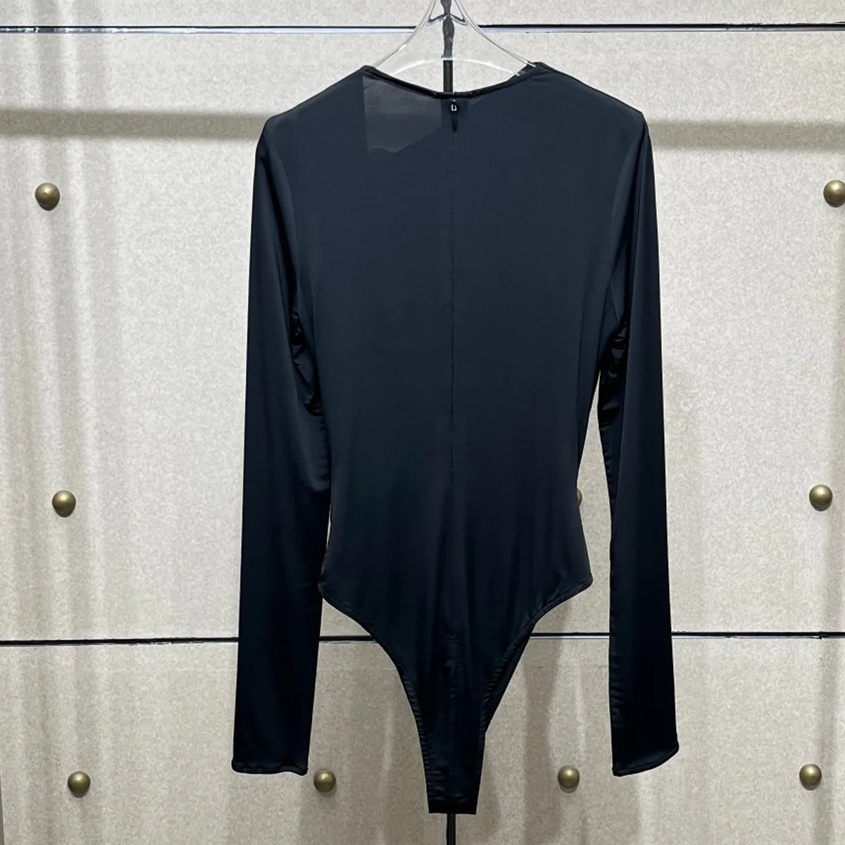 High Quality Women Long Sleeve Bodysuit, Draped Ruched Front Heart Rhinestone Decor Slim Fitted Jumpsuit Top