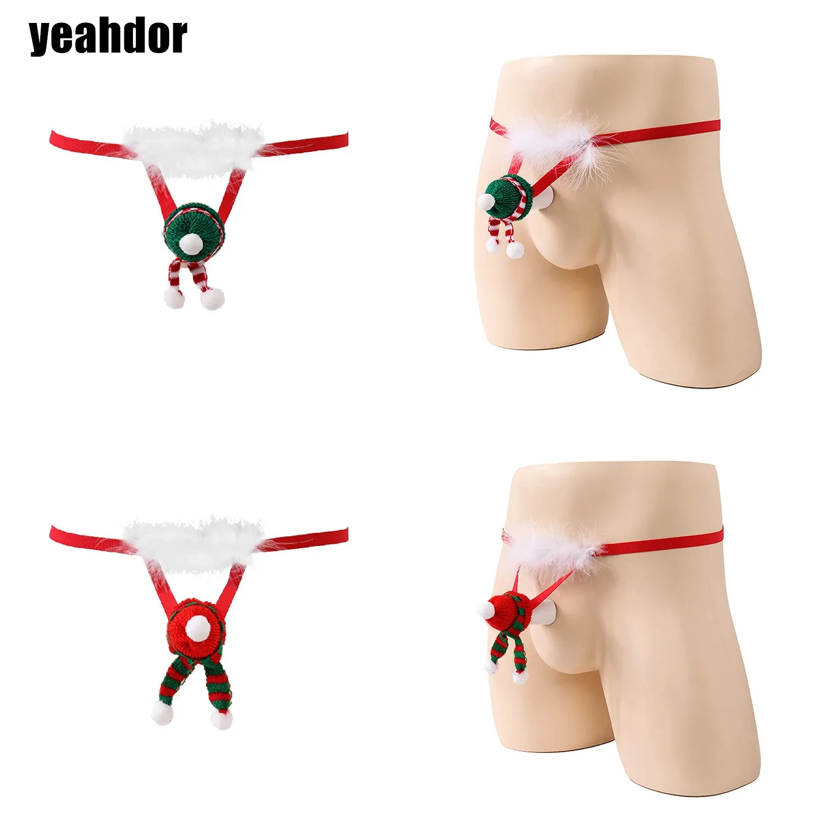 

Mens Christmas Funny Thong Underwear Low Rise Feather Trim Elastic Waistband Thong Valentines Gift Hat Scarf Cover G-string