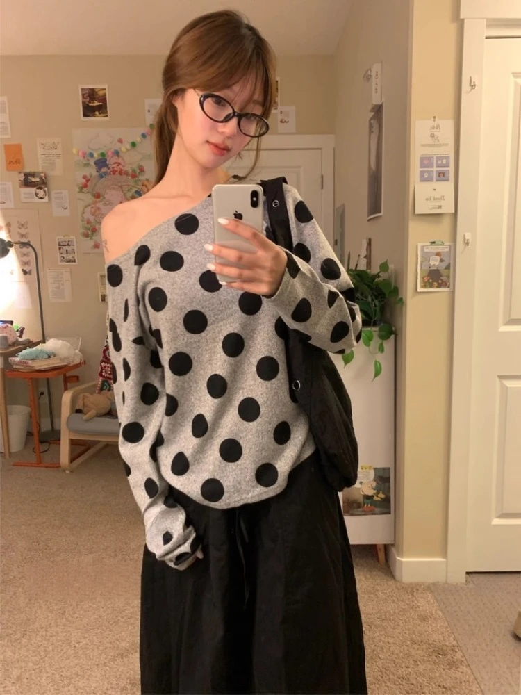 Deeptown Women Polka Dot Gray T-shirts Korean Style Off Shoulder Oversized Long Sleeve Tops Casual Y2k Harajuku T-shirts Cute