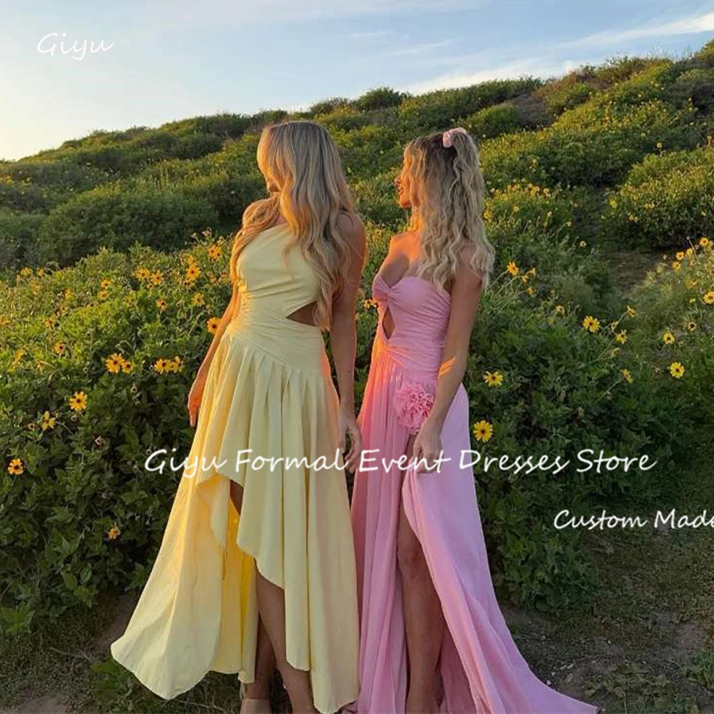 

Giyu Sexy Yellow Matte Satin Beach Evening Party Dresses One Shoulder Cut-Out Waist Short Front Long Back Prom Gowns Outfit
