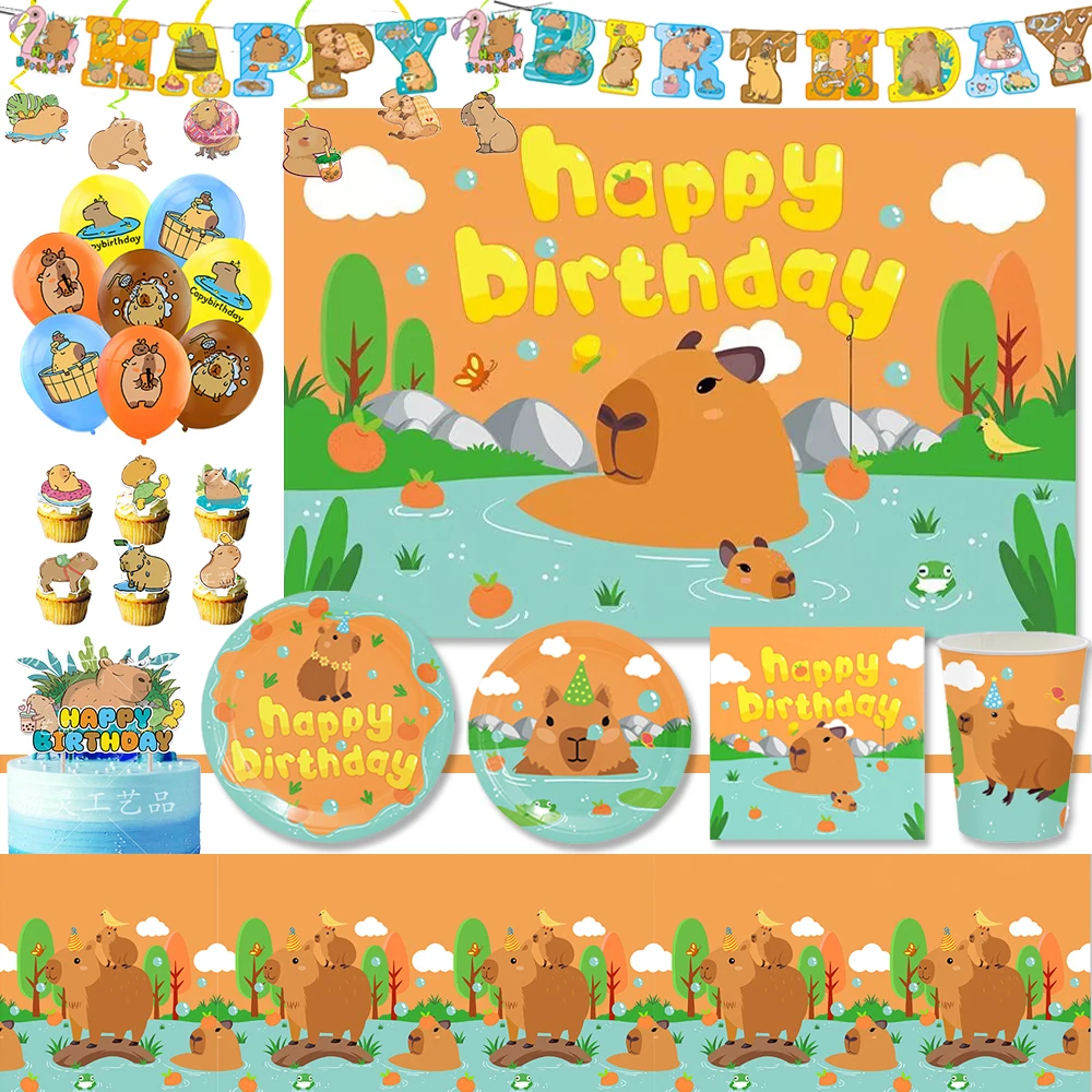 

Cartoon Cute Capybara Theme Children Birthday Party Decoration Supplies Disposable Tableware Background Balloon Baby Party Gifts