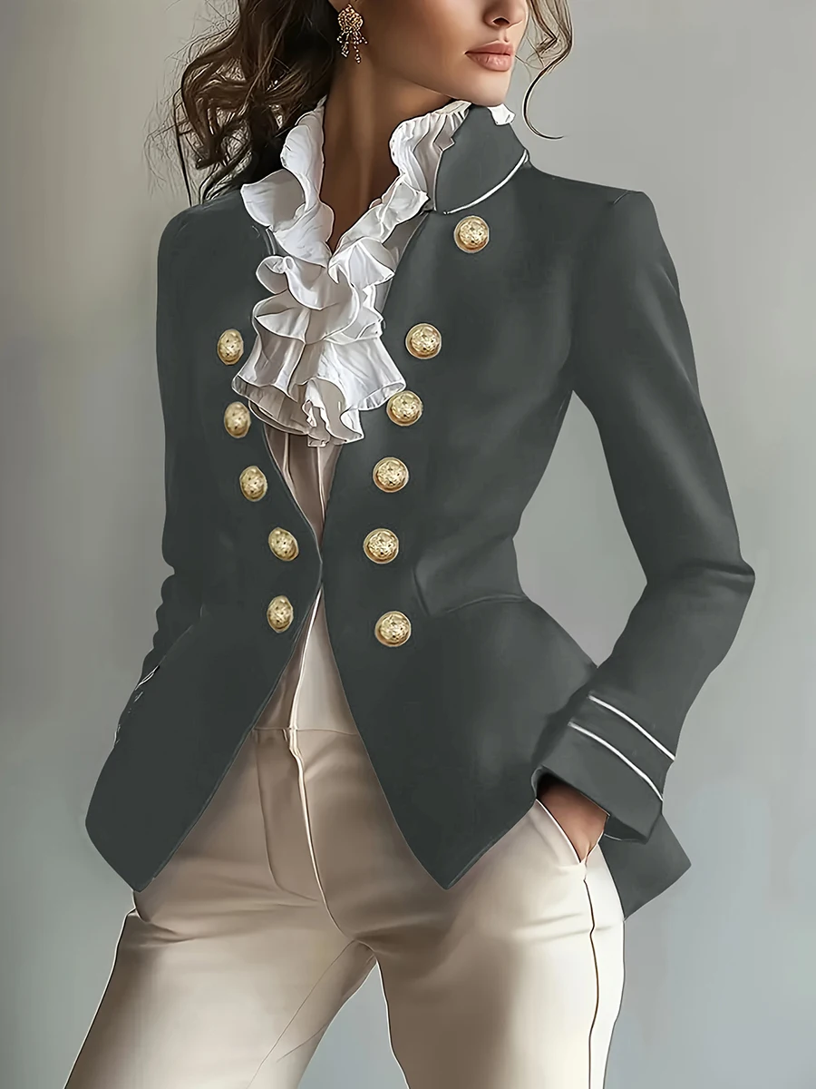 Neuer Bestseller Damen Blazer mit Rüschenkragen, Doppelreihig, Schwarz, Goldknöpfe, Schlanke Passform, Büro-Blazer, Mantel, Jacke 2026 – Detail 3