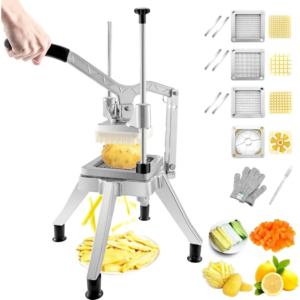 

Commercial Vegetable Chopper with 4 Blades, Stainless Steel French Fry Cutter Potato Dicer Fruit Slicer for Kitchen