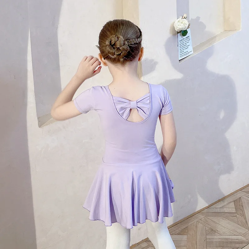 Girls Ballet Dress With Lining Toddlers Kids Ballet Leotard Nylon Gymnastic Leotard 2024 With Skirt Short Sleeves Dance Bodysuit