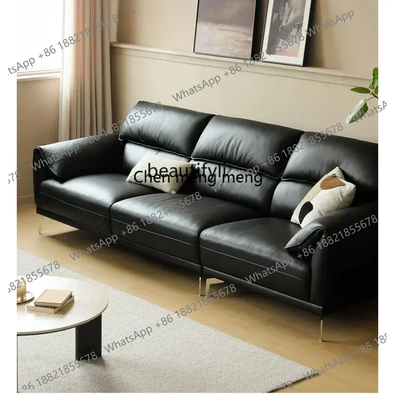 LHY26 ssss 26 Leather sofa black first layer cowhide retro light luxury living room three-person straight row sofa