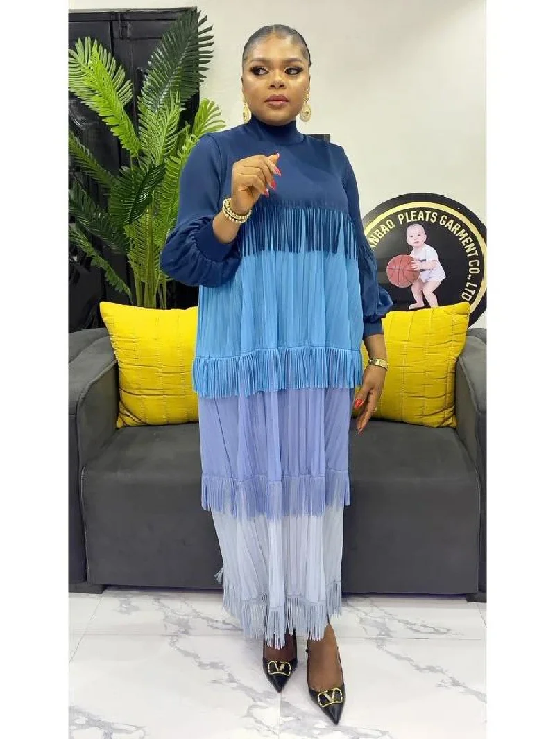 2025 Moda Lanterna Maniche Allentato Sottile Nappa Gonna Lunga Patchwok Color Block Abito Per Le Donne Pieghettato Manica a Soffio a Metà Polpa Dres