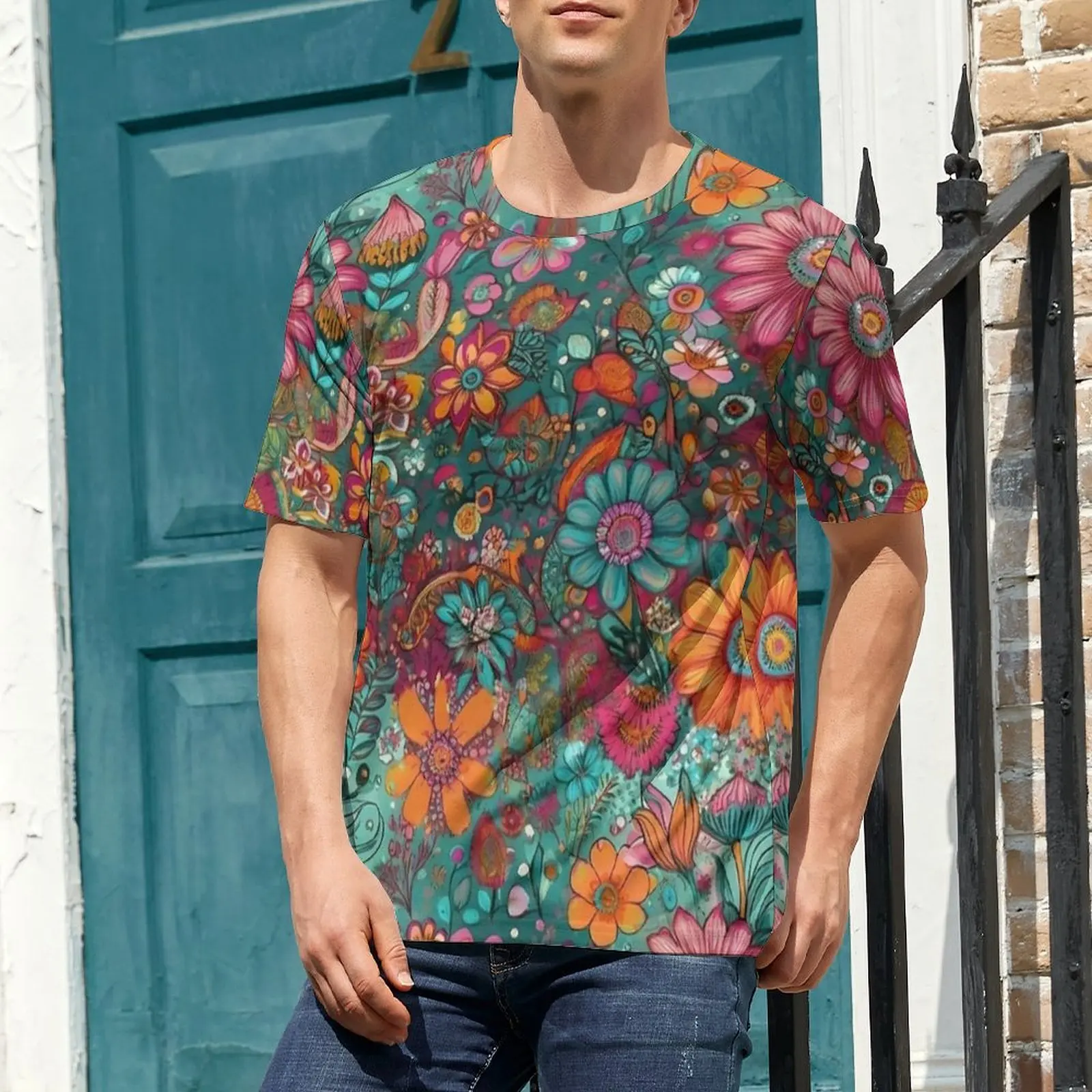 Oversize T-Shirt Summer Teal Bohemian Floral Seamless Print T-Shirts  Aesthetic Round Neck Tee Shirt Male Vintage Custom Tees