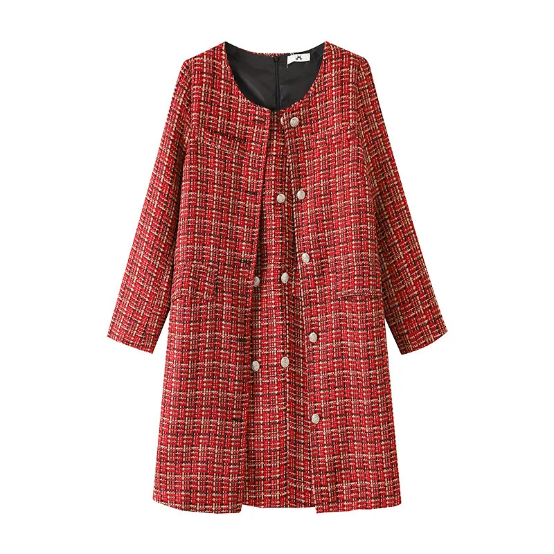 Loose plus size coarse tweed 2-pcs set, red checkered long jacket+sleeveless dress, autumn/winter small fragrance style set