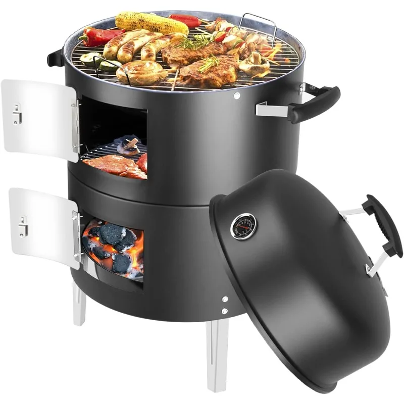 

Portable Charcoal BBQ Grill: Outdoor Small Charcoal Grills with Meat Smoker Combo for Backyard Patio Barbecue