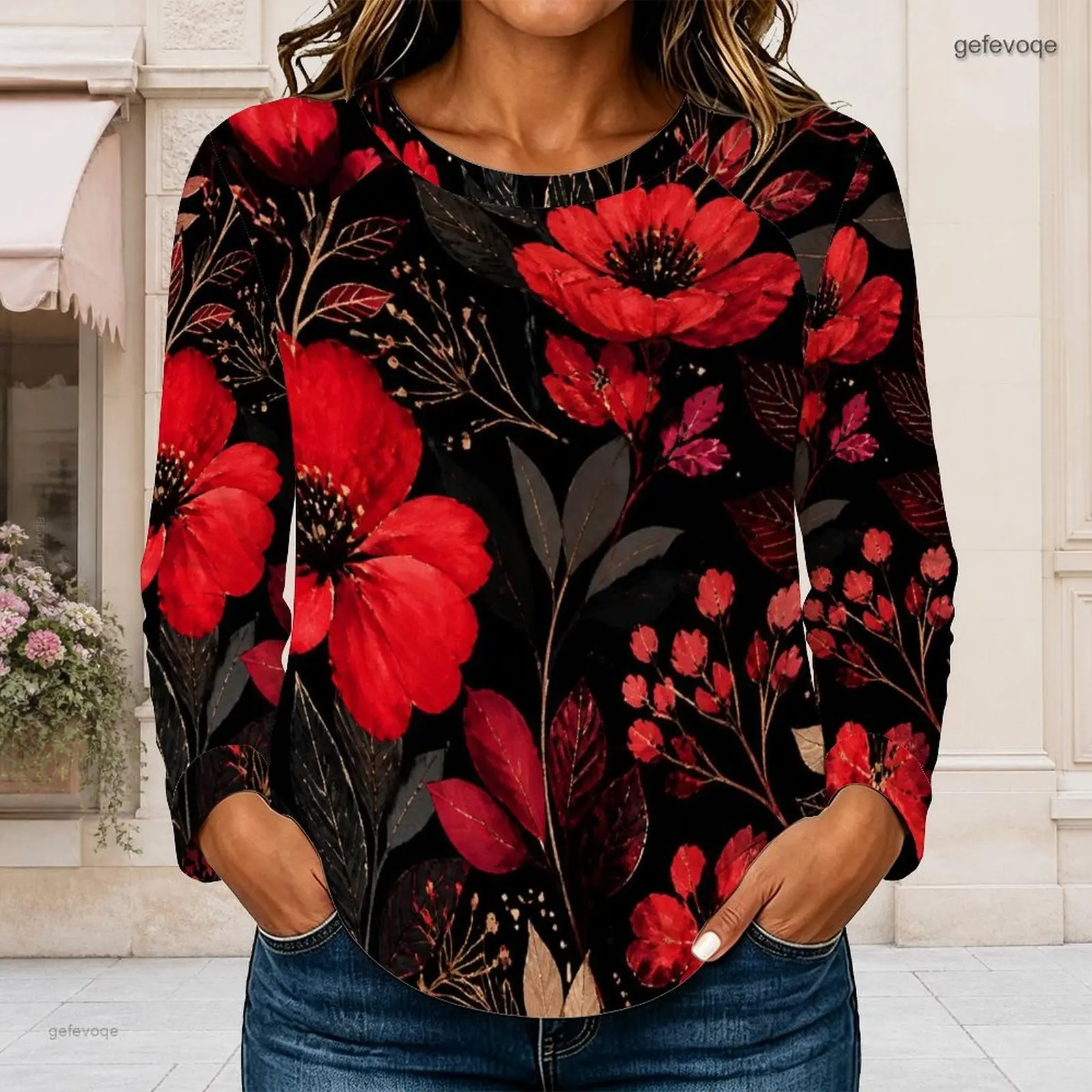 Women Round Neck Long Sleeve Red Floral Printed Top