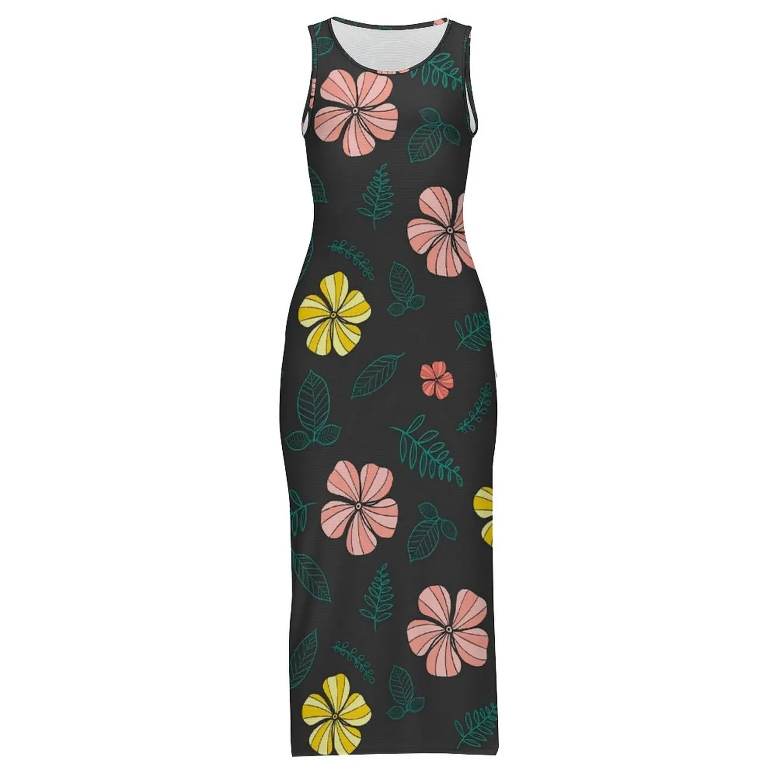 Tropical Floral Dress Sleeveless Colorful Flowers Club Party Maxi Dresses Summer Street Style Graphic Bodycon Dress Large Size