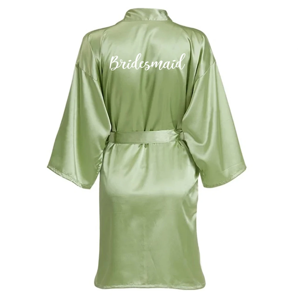 Sage Green Wedding Party Team Bride Robe With White Letters Kimono Satin Pajamas Bridesmaid Bathrobe SP066