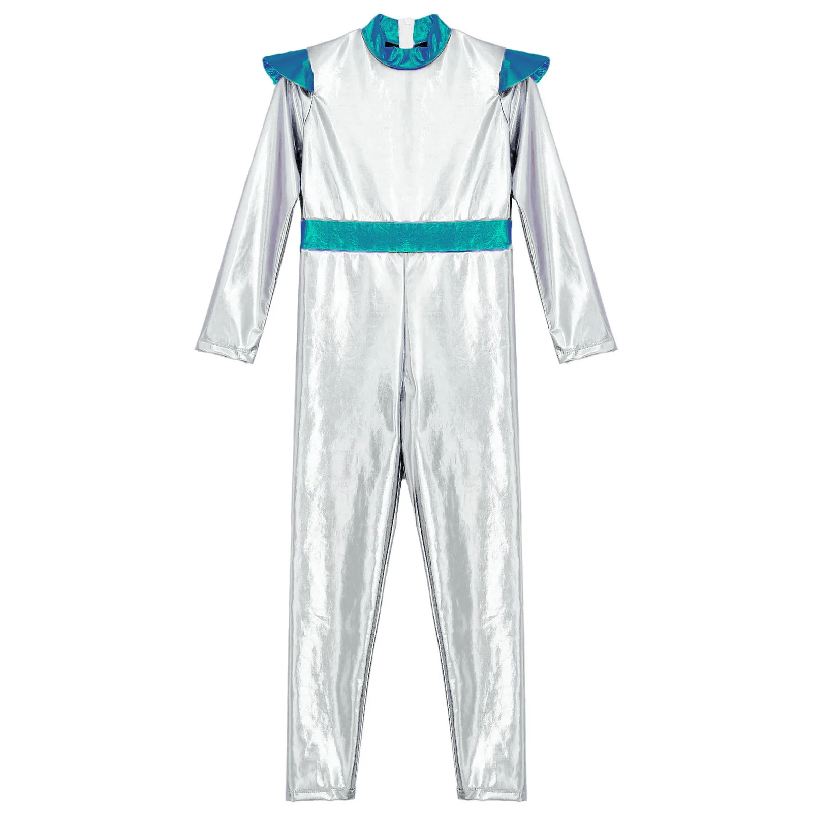 Kids Girls Halloween Alien Robot Cosplay Costume Space Astronaut Themed Fancy Party Dress Up Long Sleeve Shiny Metallic Jumpsuit