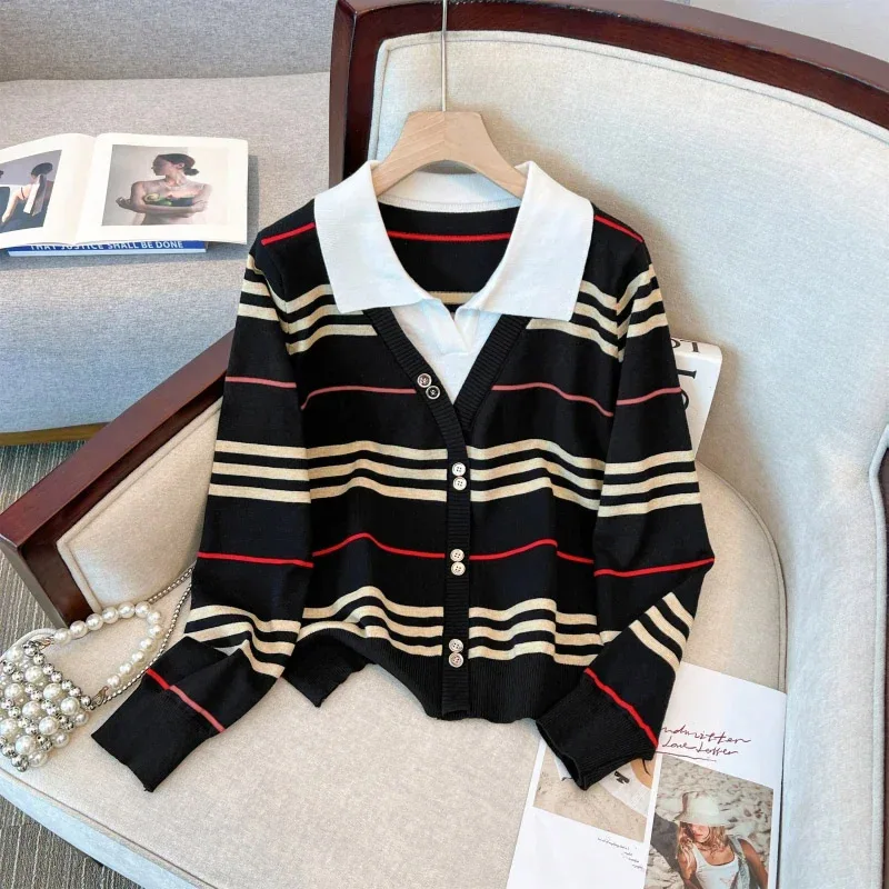 

Spring Autumn Long Sleeve Knitted Tops Women Clothing Striped Turn-down Collar Fake Two Pieces Knitwear Sweater Cardigan Female