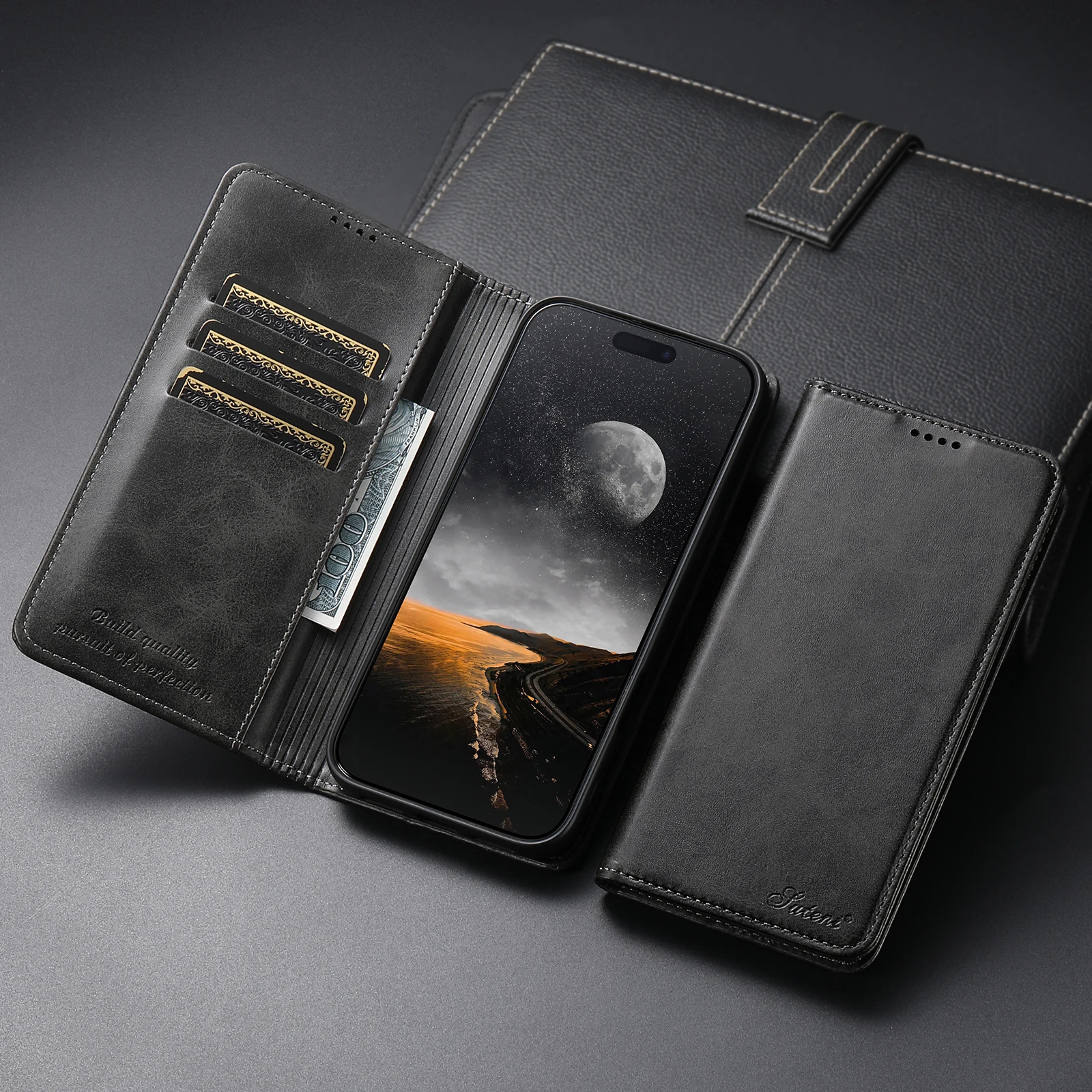 SUTENI Kunstleder-Kartenhalter-Standfunktion-Geldbörse Magnet-Flip-Cover Handyhülle für iPhone 18 Pro Max 17 16 Plus 15 Pro 14 13 12 – Detail 6