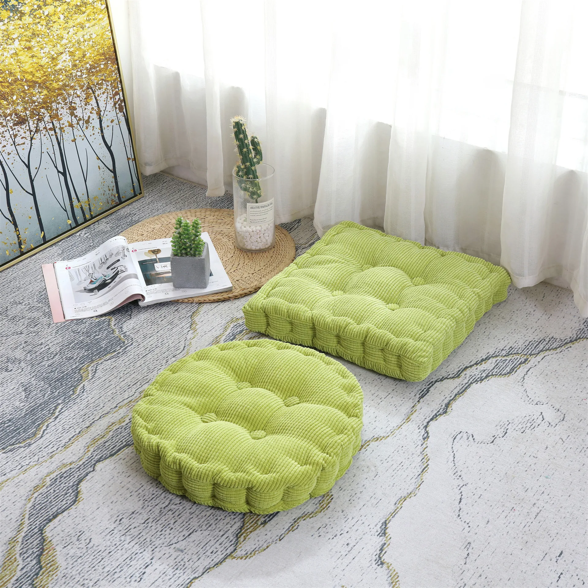 Grünes Geschenk Tatami-Sitzkissen, verdicktes Maissamt-Bodensitzkissen für Büro, Zuhause, Sofas, Bürostuhl, Meditationskissen