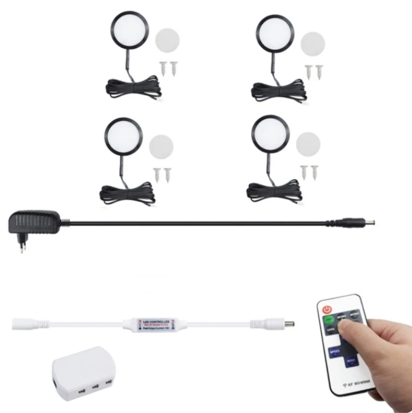 2W Led Under Cabinet Light Kits Dimmable with RF Remote Controller for Counter Wardrobe Bookshelf Kitchen Lighting Fixture