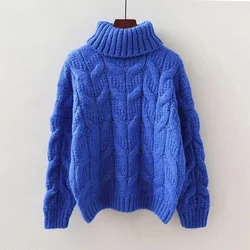 Blue Turtleneck Solid Casual Long Sleeve Thick Acrylic Knitted Women's Sweater Korean Fashion Pullover Loose Sweaters Winter