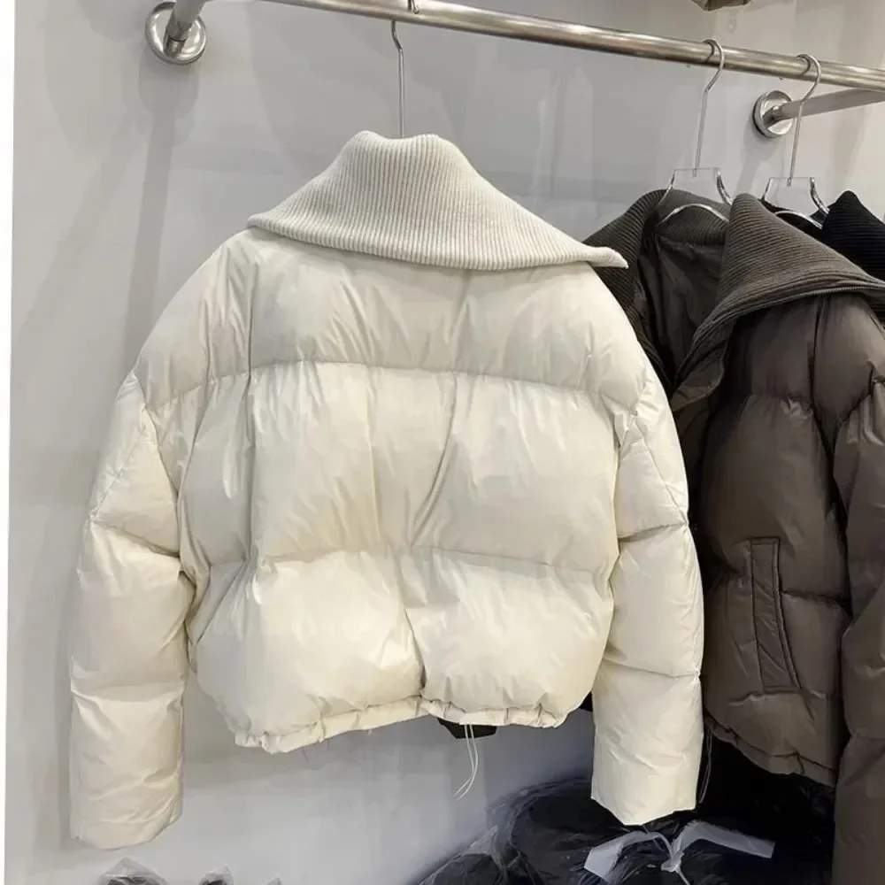 Winter Women New Knitted Collar Down Jacket Short Loose Thin Fashion Thick White Duck Down Coat Fashionable Outerwear