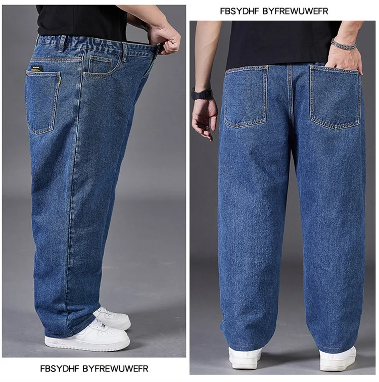 Men's Plus Size Jeans with Elastic Waistband Denim Trousers Male Straight Tube Breathable Loose Street Wear Casual Pants