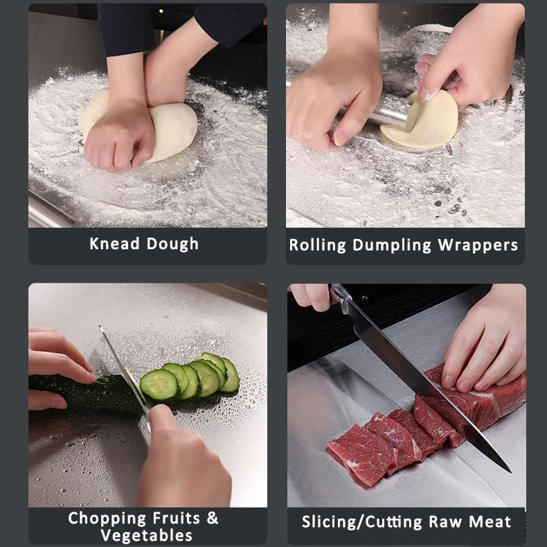Edelstahl-Schneidebrett Lebensmittelecht 304 Extra Großes Hackbrett mit Rutschfester L-förmiger Kante Metall-Backbrett Teigroller-Matte Doppelseitig für Fleisch Gemüse Teig Kneten Backen Küchenwerkzeug – Detail 4