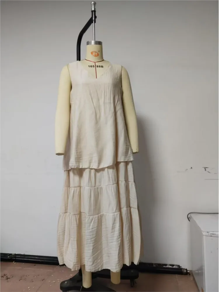 Retro Cotton Linen Pleated Long Dress Woman Spring Fashion V Neck Loose Maxi Dress Summer Solid Sleeveless Tank Boho Beach Dress