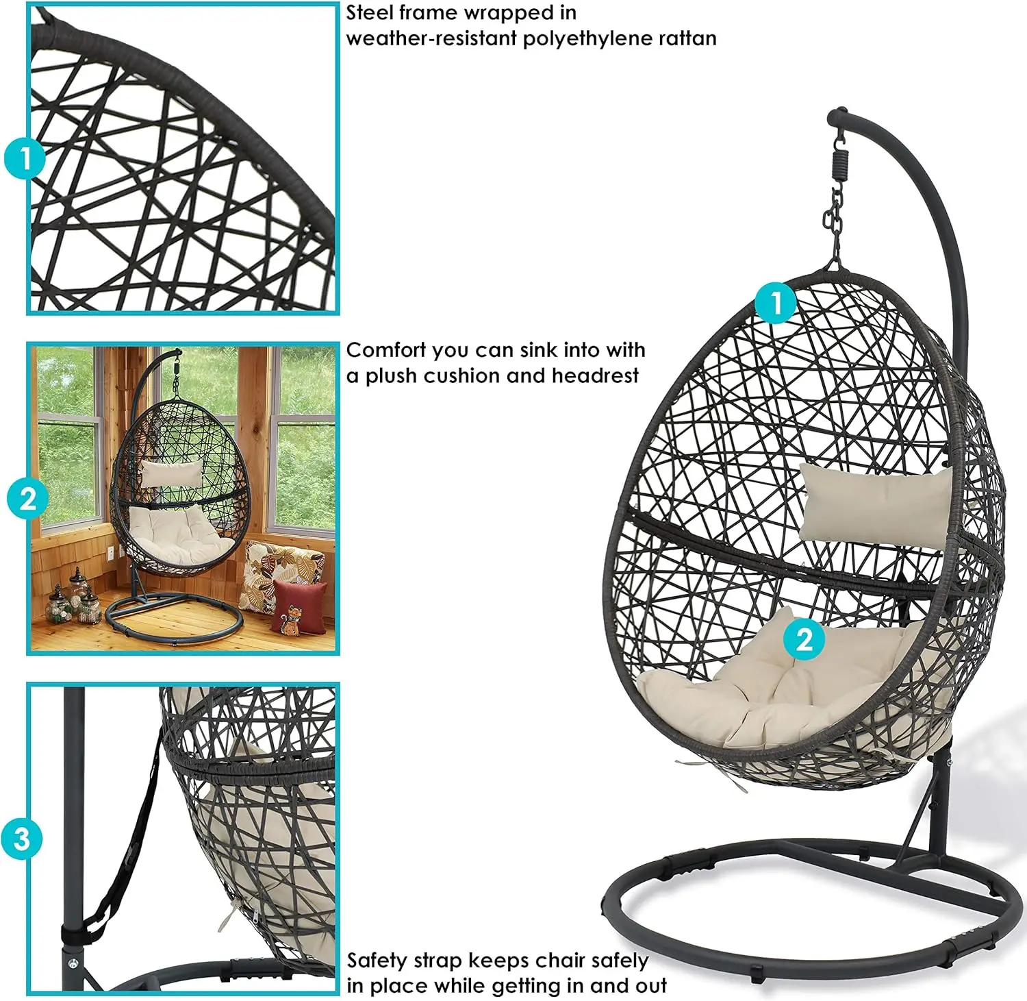 Caroline Hanging Egg Chair Swing With Steel Stand Set - Resin Wicker Basket Frame - Includes Beige Cushions