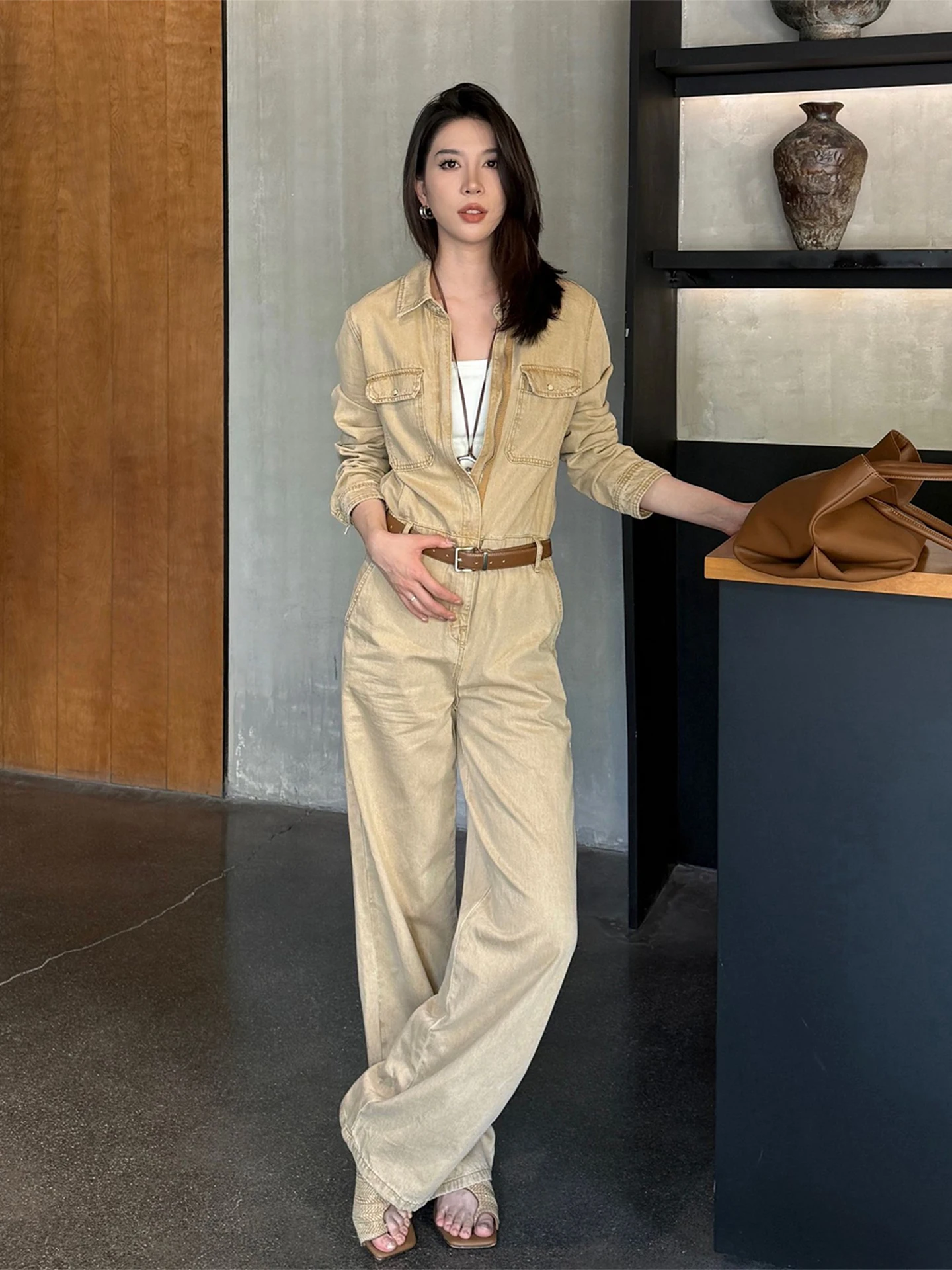 

Ретро джинсовые брюки-комбинезон в рабочем стиле для женщин, осенняя новинка, модные длинные брюки со средней посадкой из хлопковой ткани