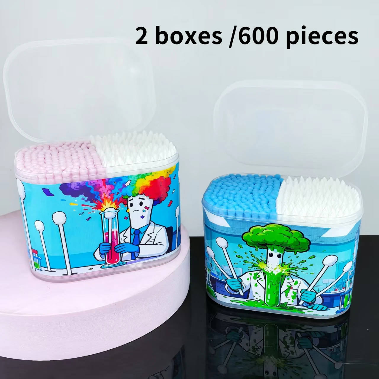 300 peças/600 peças caixa de padrão de garrafa experimental cotonetes, cotonetes de limpeza de duas cabeças e duas cores