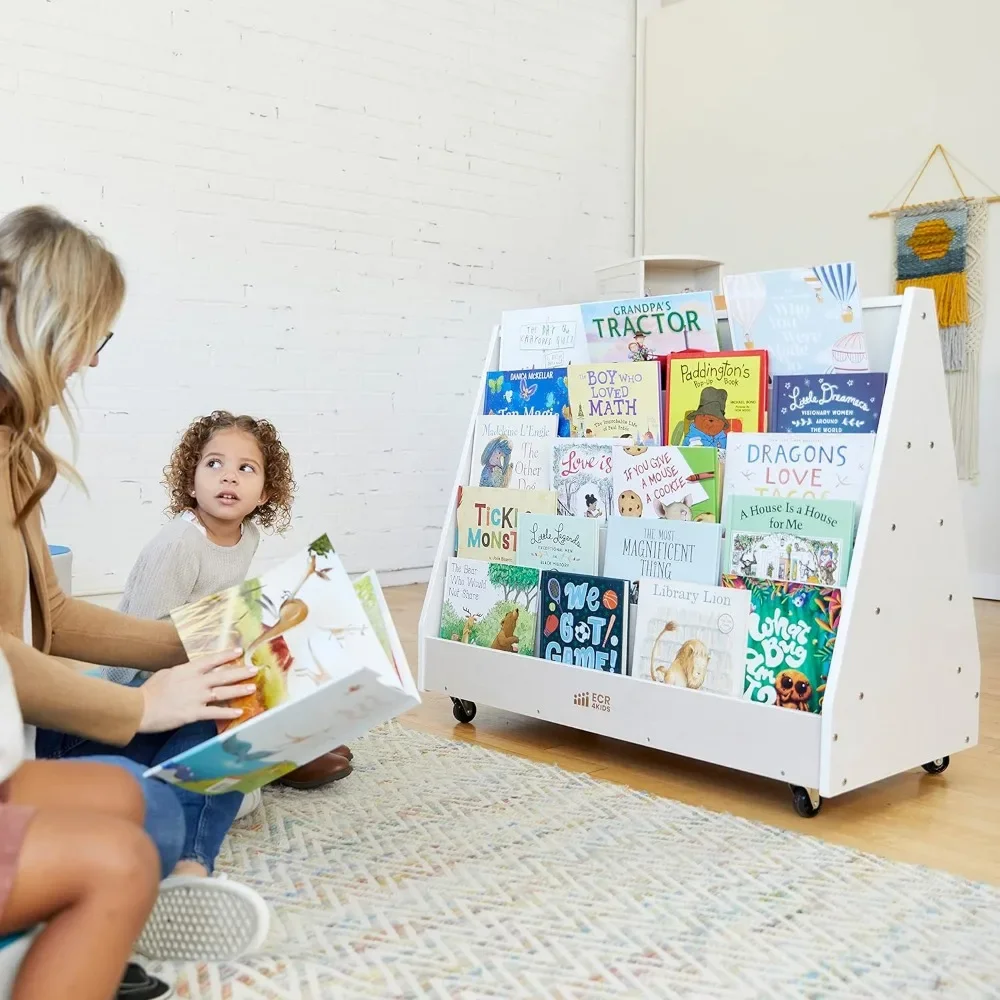 Children's bookshelf, double-sided mobile bookshelf, suitable for movable children's bookshelves in classrooms and living rooms