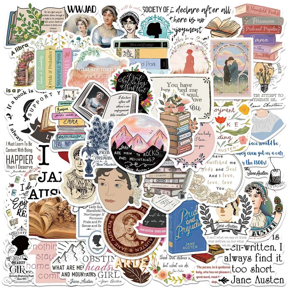 50pcs Novelist jane austen Stickers Aesthetic Graffiti Decals For Laptop Luggage Skateboard Stationery Notebook Cars Stickers