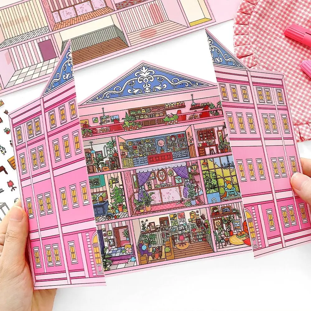 

2.5D Landscape Sticker Multicolor Apartment Scenery Sticker Set Pink Hotel Cartoon Pattern Landscape Making Decal Scrapbooking