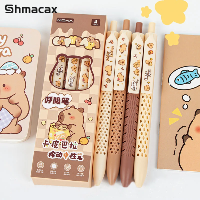 Pluma de Gel de dibujos animados Kawaii Capybara, bolígrafos neutros de secado rápido, escritura suave, suministros de oficina, papelería para estudiantes, regalos, 4 piezas