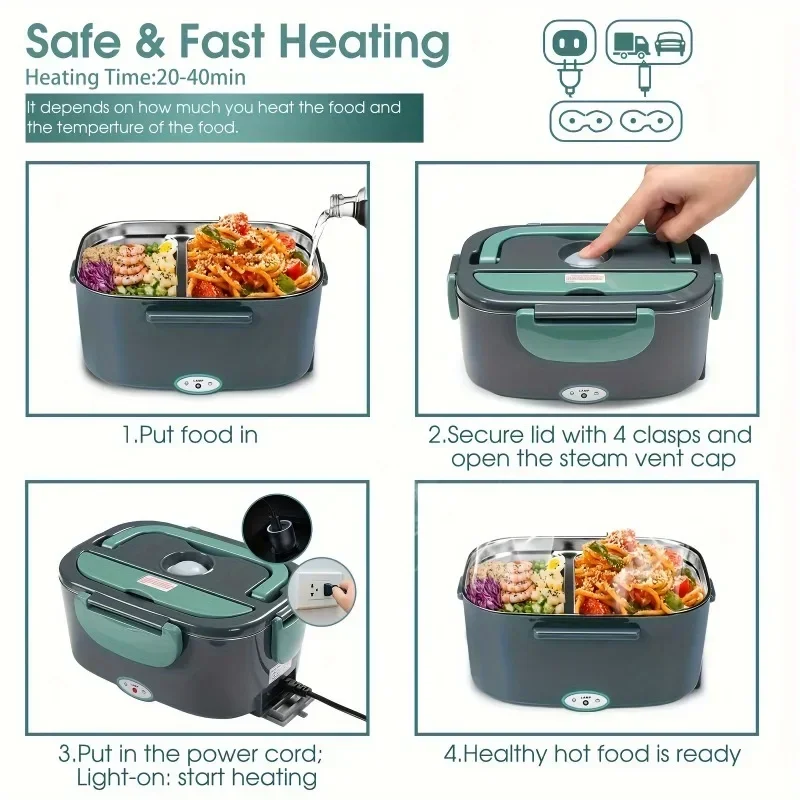 Electric lunch box food heater, portable adult heating lunch box, car truck, work trip, 110V/12V/24V.