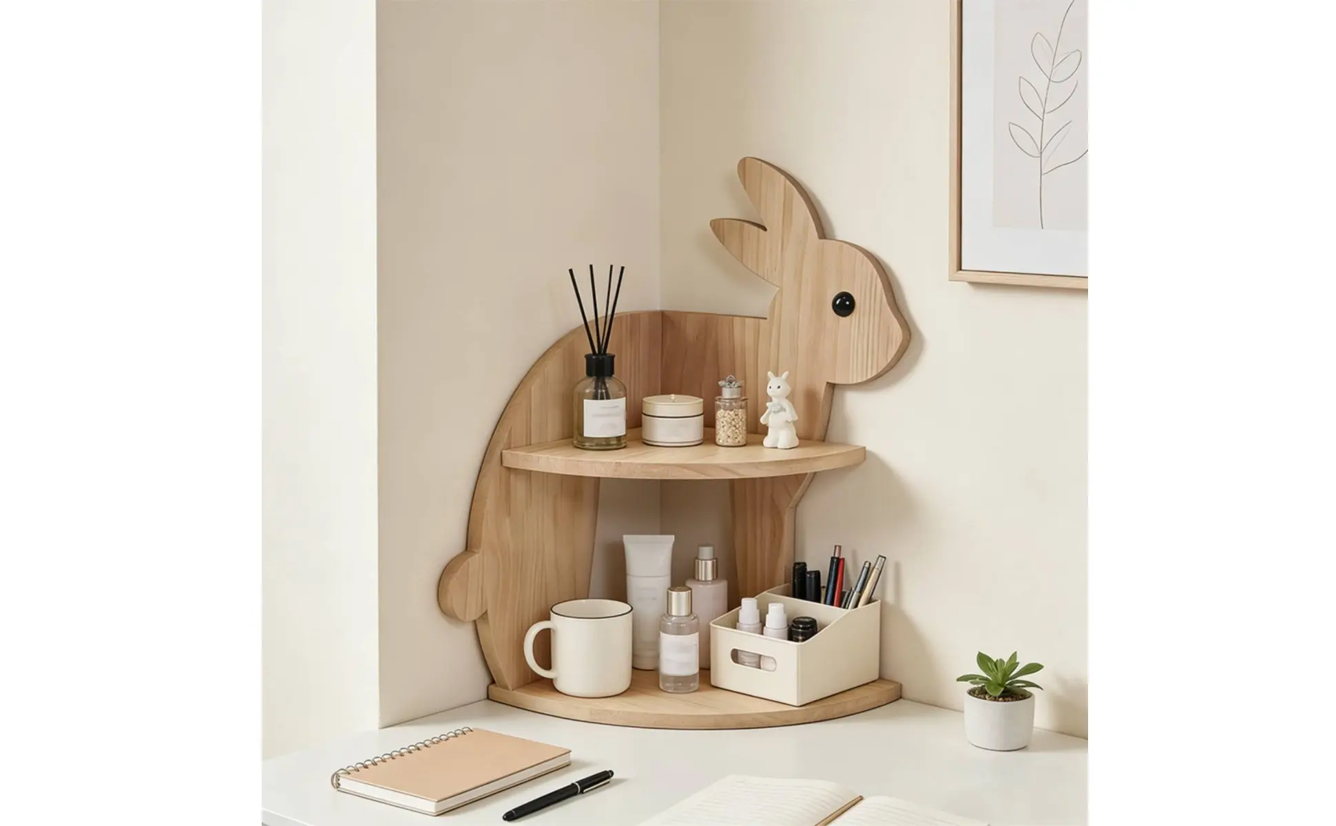 Rabbit Corner Shelf Decorative Bunny Storage Rack Wooden Corner Organizer Modern Design Display Intended for Children