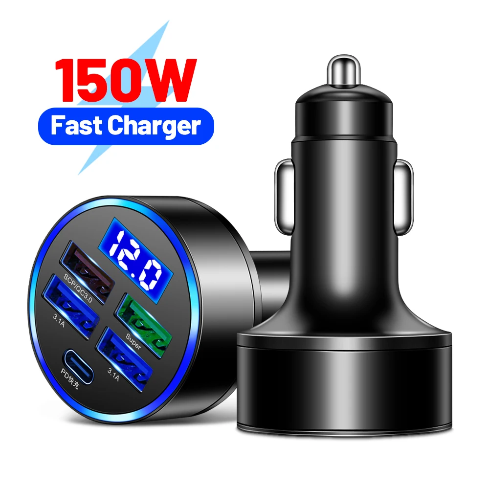 5 Ports Car Charger Adapter Fast Charge PD USB C 15W Car Charger Power Outlet with Voltage Detection for Mobile Phone Tablet