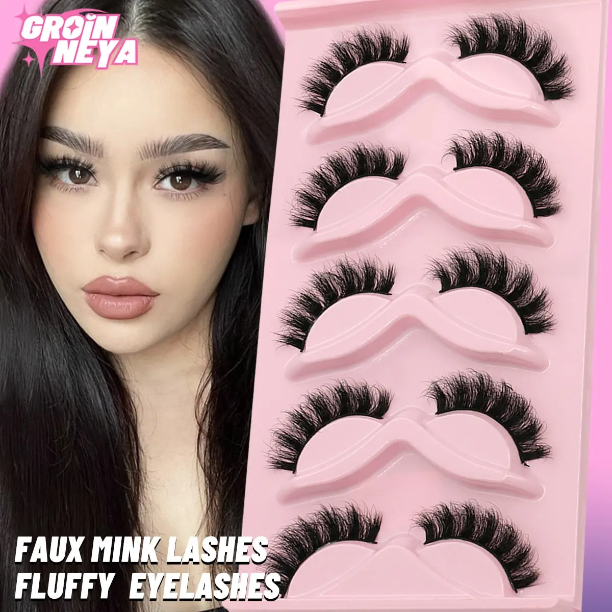 Cílios fofos do vison falso, cílios postiços longos, cílios macios de volume, maquiagem reutilizável, natural, 5 pares