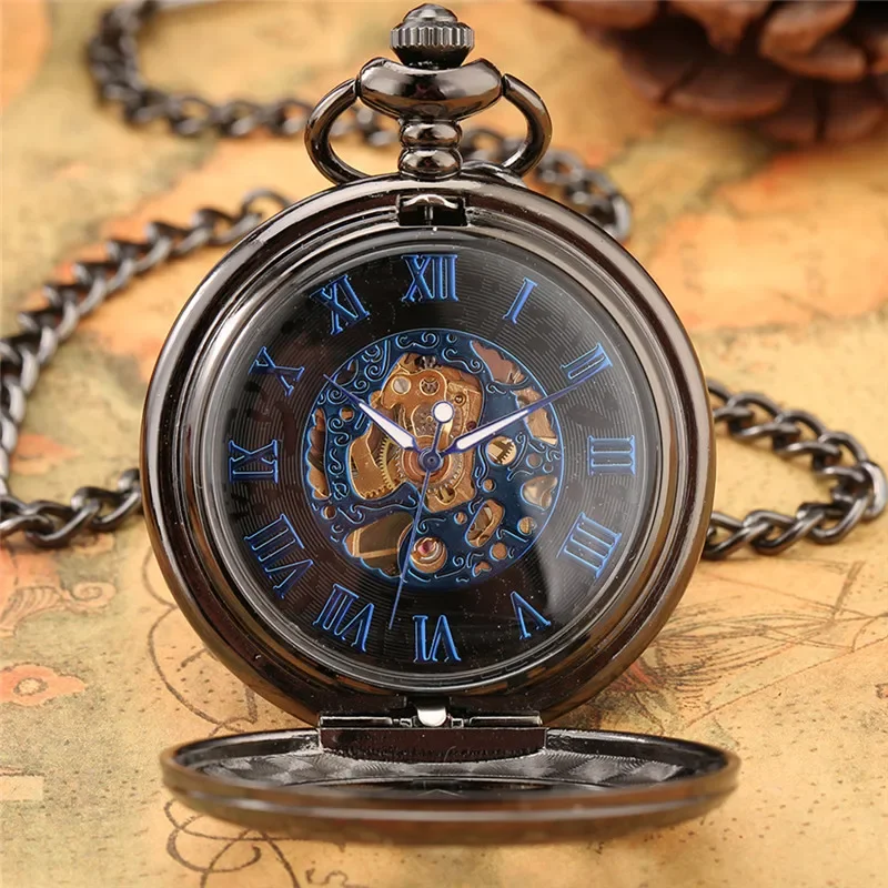 Antique Black Hollow Rhombus Case Hand Winding Mechanical Pocket Watch for Men Women Skeleton Dial Fob Chain Antique Timepiece