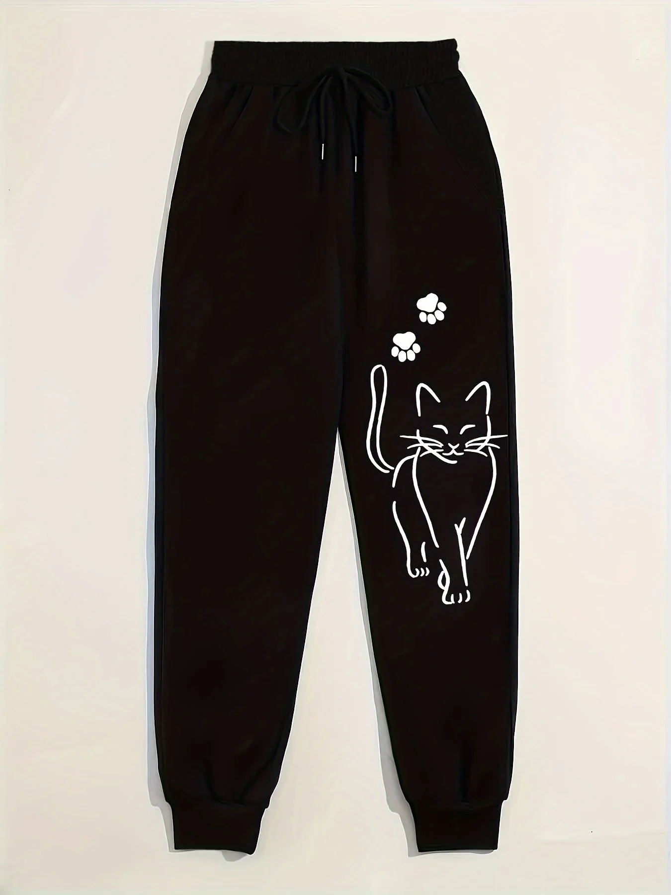 Elegant Cat Print Casual Versatile Women Pants Fashion Trendy Trousers With Drawstring Pockets Comfortable Sweatpants Female