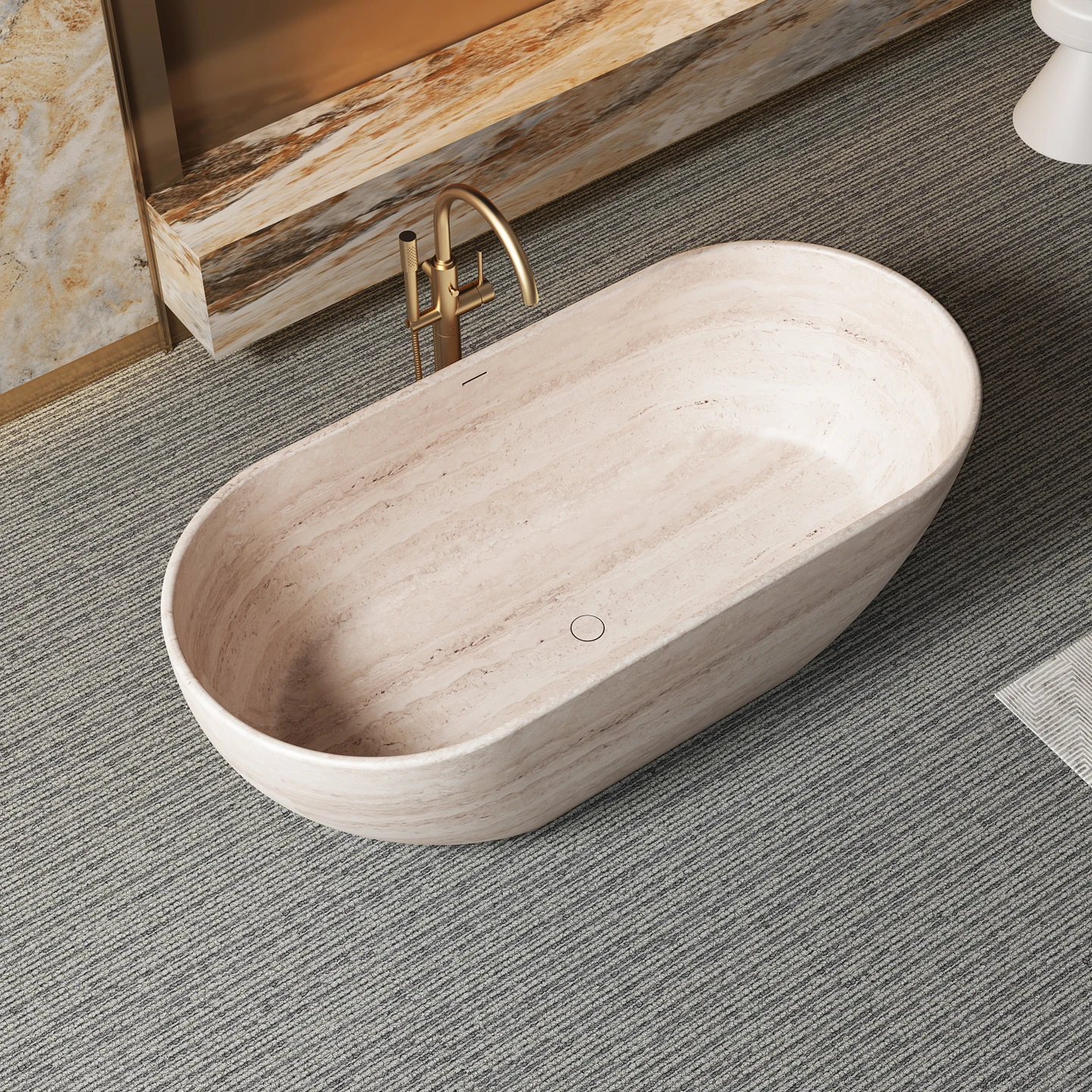 Vasca da Bagno Freestanding in Marmo Naturale Artistico su Misura, Ovale, Doppia, Artigianale, di Lusso per Spa, Hotel e
