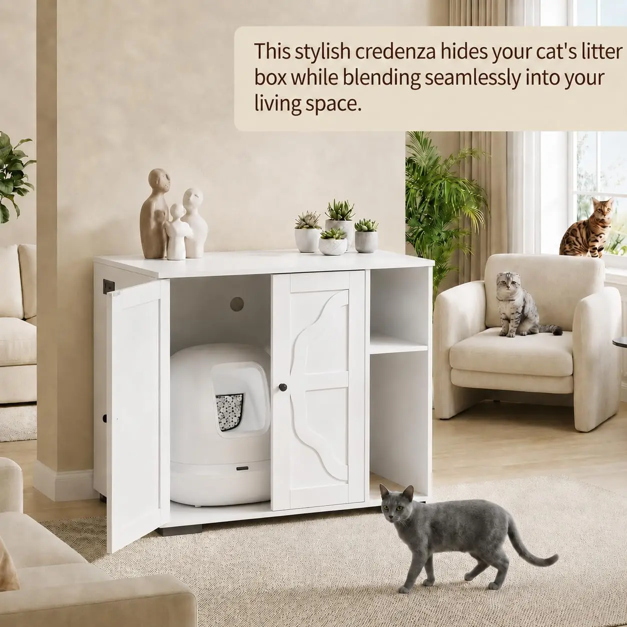 Garvee Large Litter Box Enclosure for Self-Cleaning Hidden Cat Litter Box Cabinet with Side Outlet and 5 ft Power Cord Dirt Resistant Easy To Clean for Home